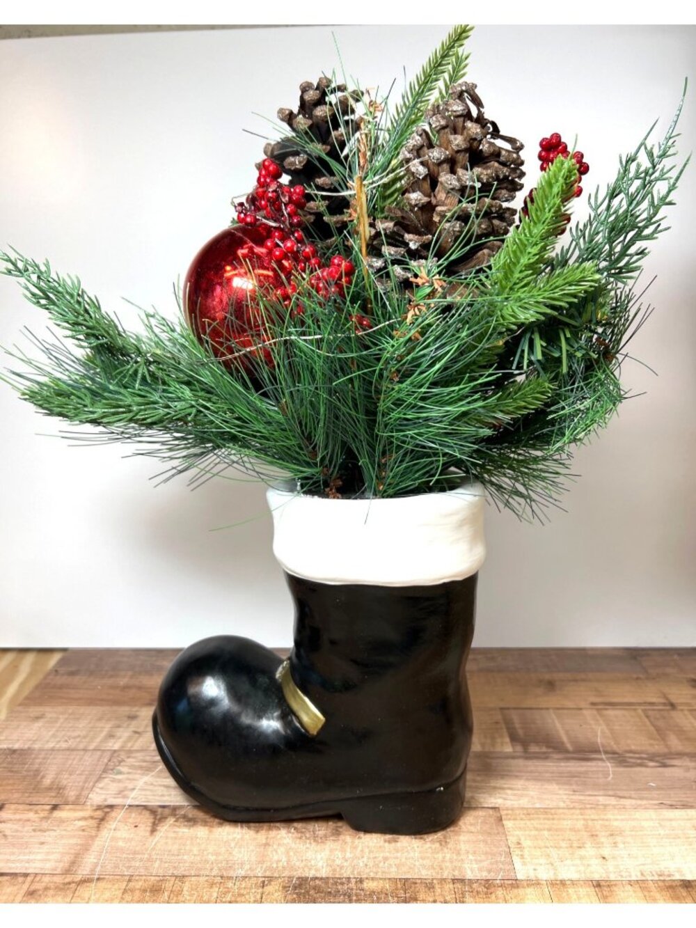 Santa Boot Vase With Faux Pine Red Berries Pinecones & Ornament Holiday 17''Tall